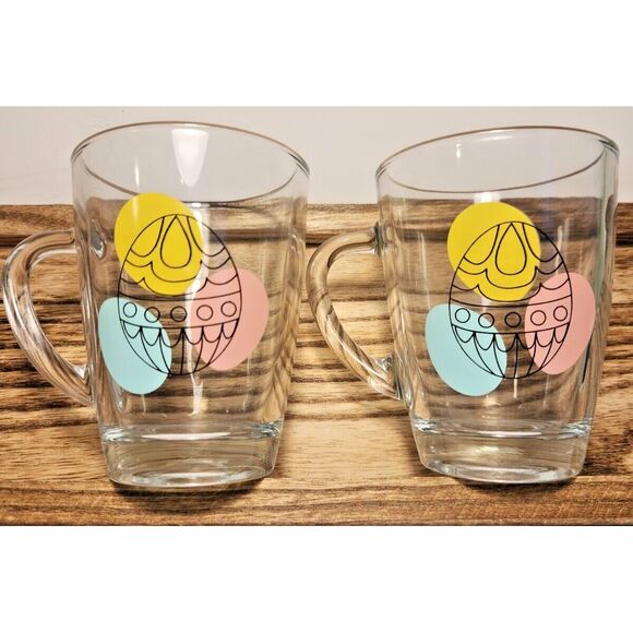 Set Of 2 VEGA LAV 10.25 oz Celebration Of Easter, Colorful Eggs Clear Glass Mugs - Picture 1 of 14